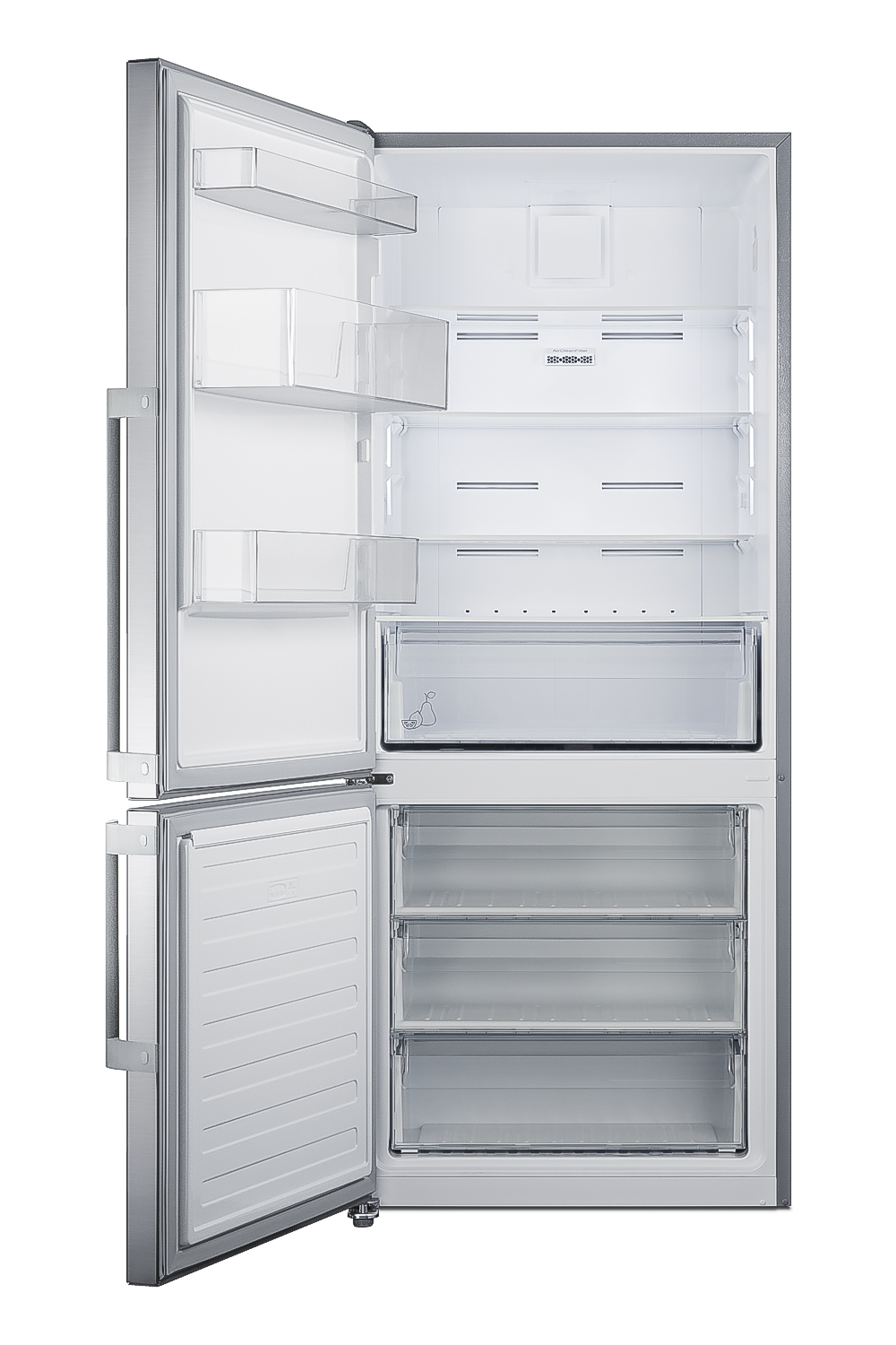 Frost-free ENERGY STAR certified bottom freezer refrigerator in stainless steel with digital controls and a left hand door swing